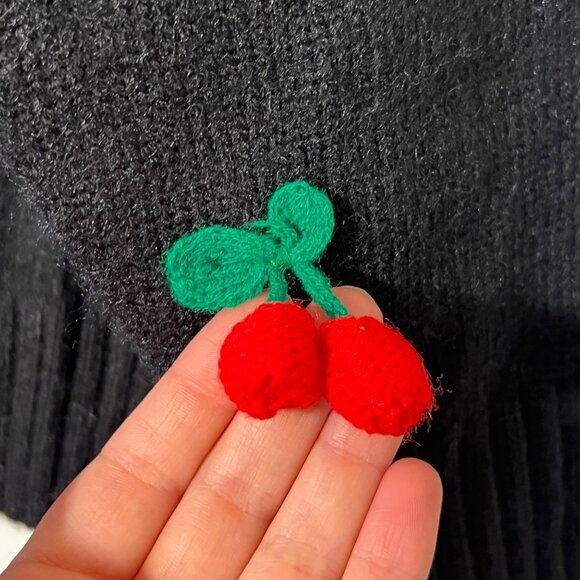 3D Knit Cherry Sweater Oversized Slouchy Black Whimsigoth Preppy Indie Medium - Picture 4 of 10